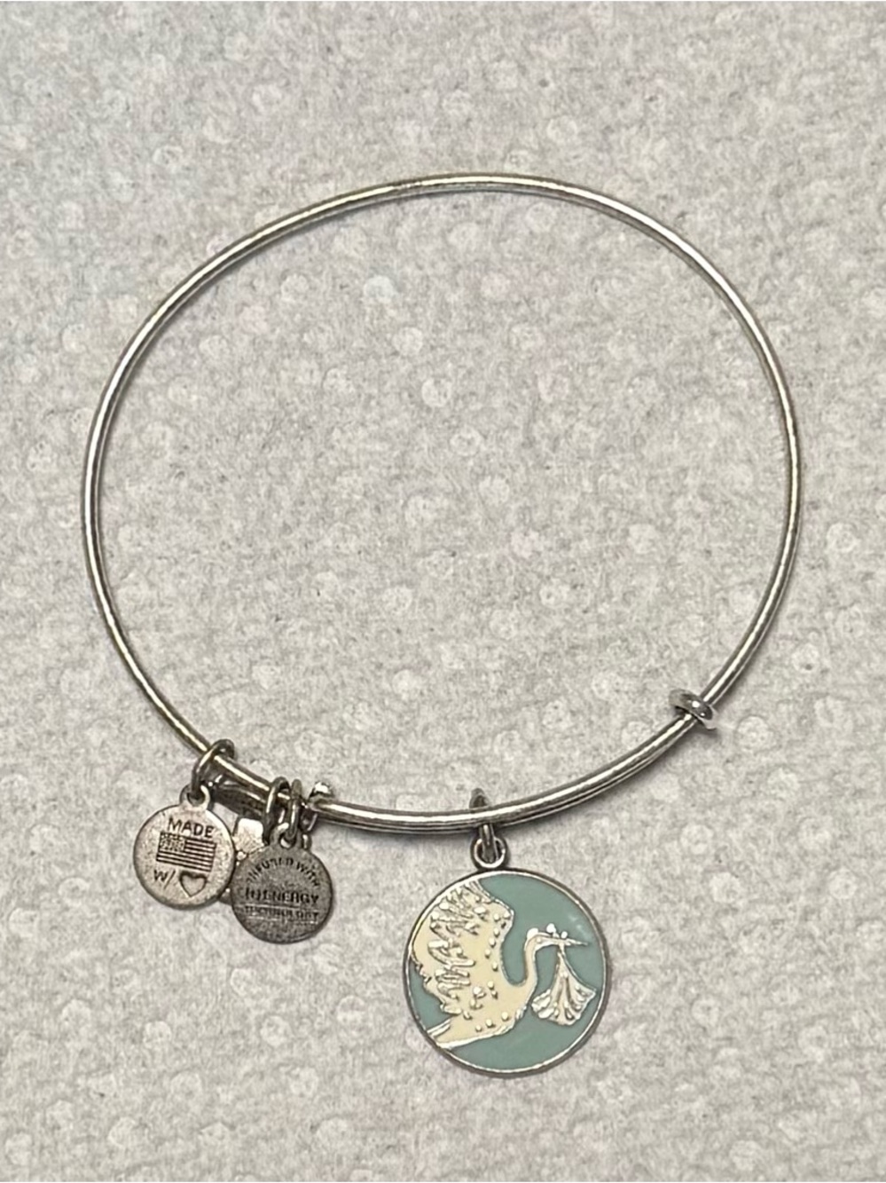 Alex and Ani Silver Bangle with Mint Enamel Stork Charm